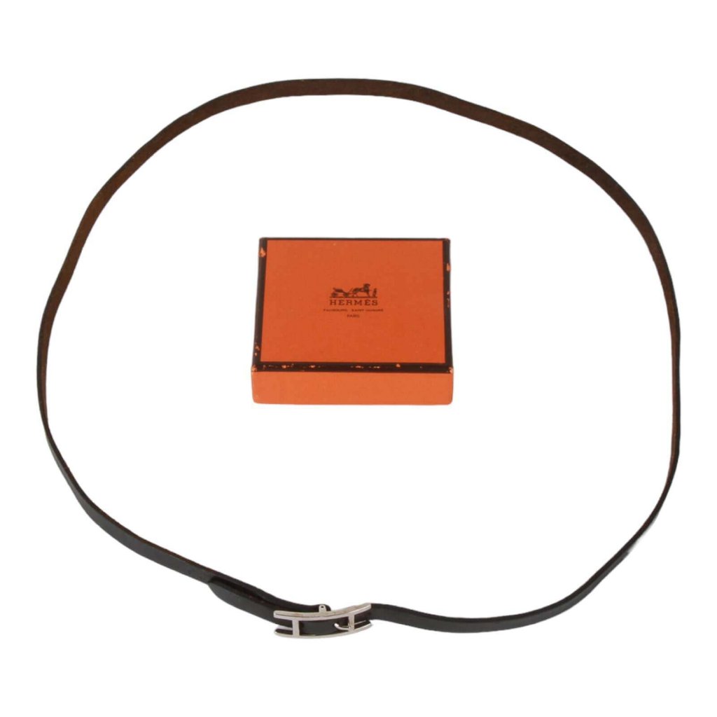 Authentic Hermes Hapi Choker Leather,Metal Bangle Black,Silver